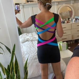 Black low back bodycon dress with rainbow cross back detail